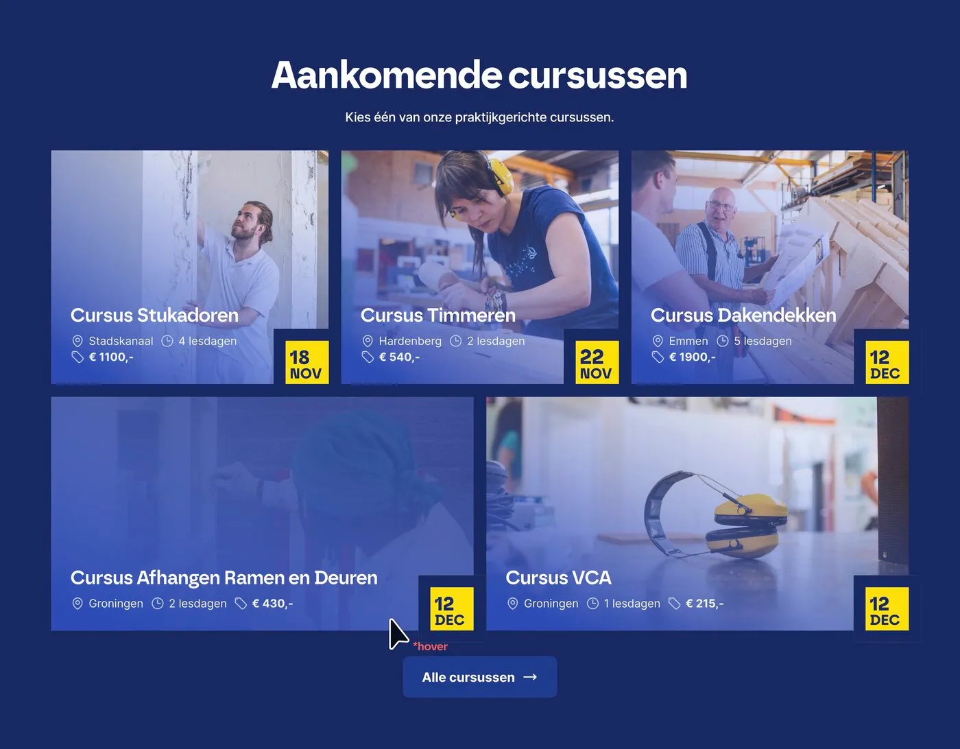 The desktop Aankomende cursussen agenda section, in an asymmetric five-card grid
