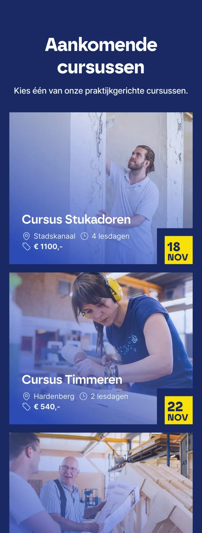 The mobile Aankomende cursussen agenda section, stacked into a single column