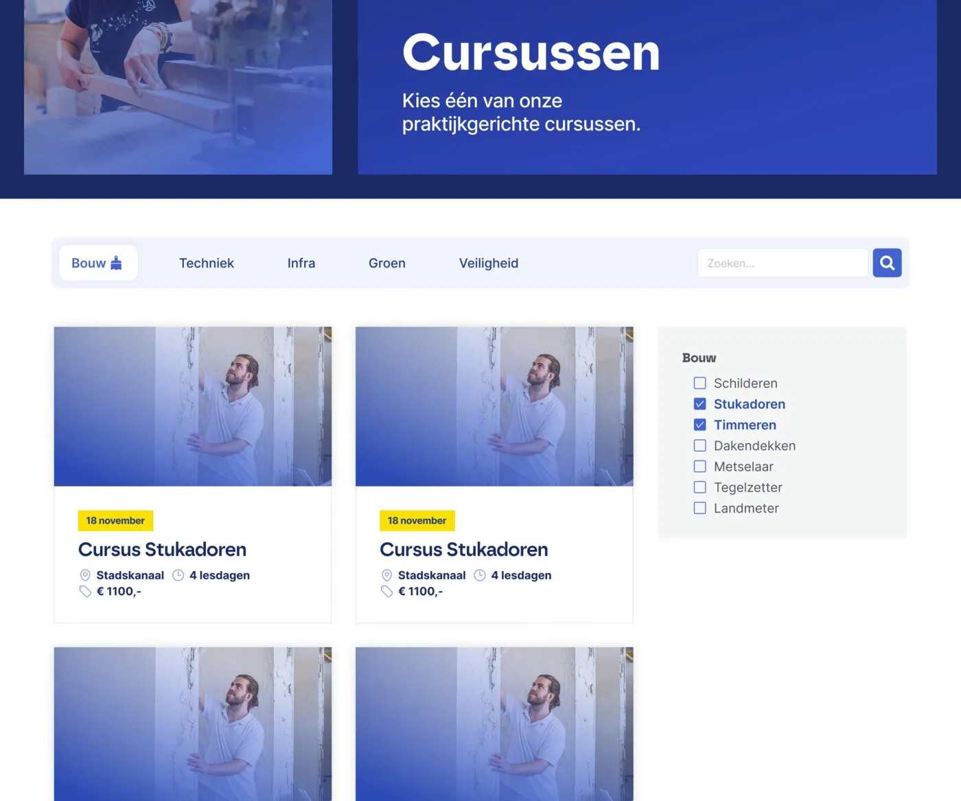 The De Praktijkcampus course catalog page, showing category tabs, search, sidebar filters and course cards
