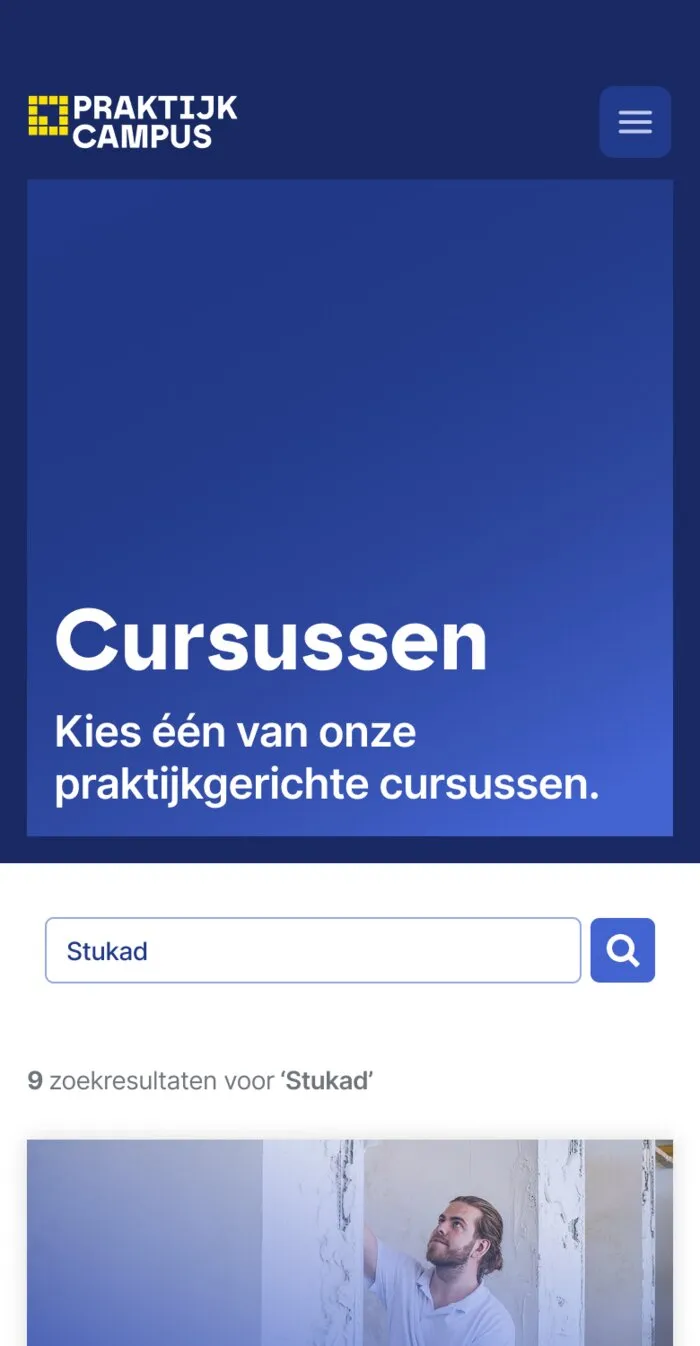 The mobile course catalog page, showing live search results for 'Stukad'