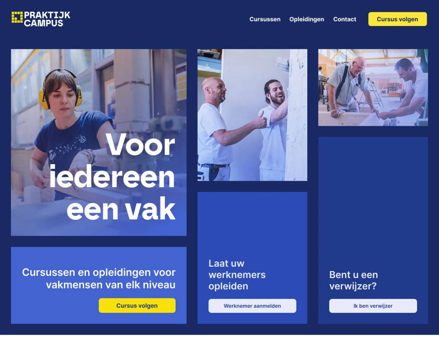 The De Praktijkcampus homepage hero, split into three audience-specific cards for students, employers and referrers