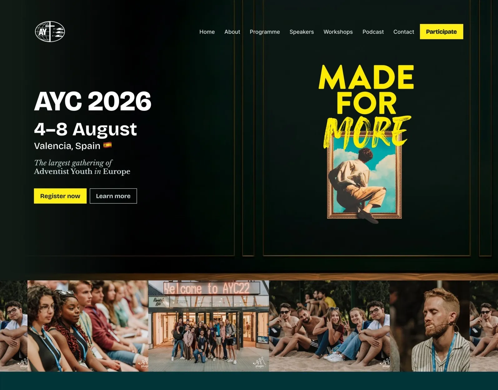 AYC26 website homepage, showing the hero section with the Made for More poster artwork