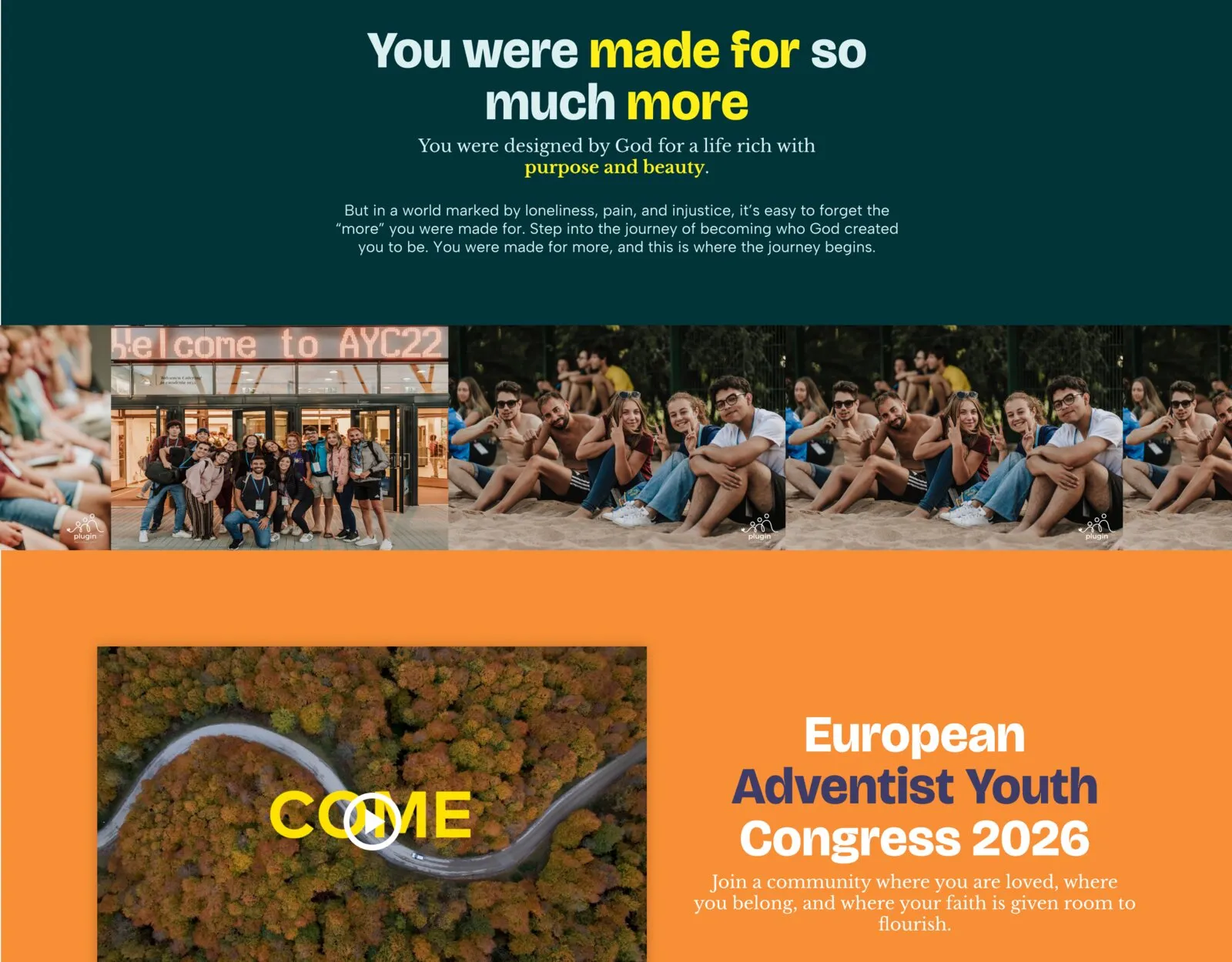 The AYC26 homepage's mission statement section in petrol, and the registration CTA section in orange