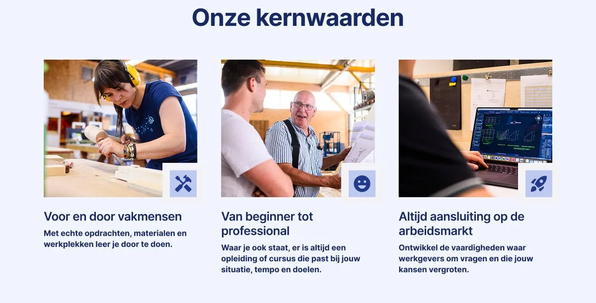 The 'Onze kernwaarden' section with three value cards