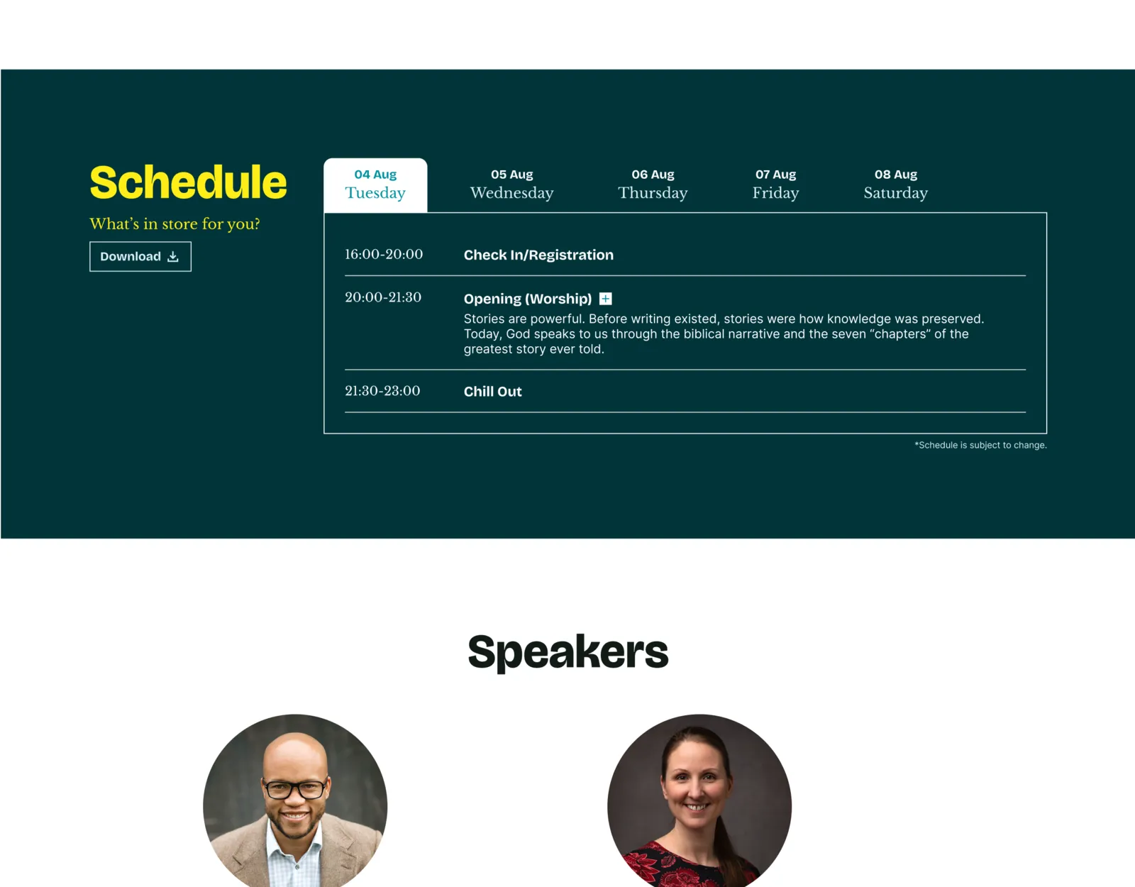 The Schedule and Speakers sections back to back on the AYC26 homepage