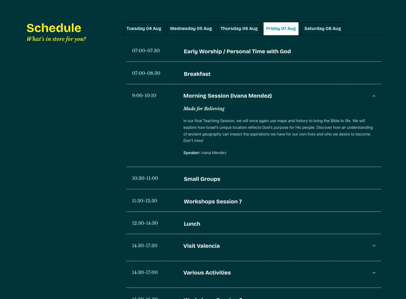 The AYC26 Schedule section, showing an expanded session with title, description and speaker