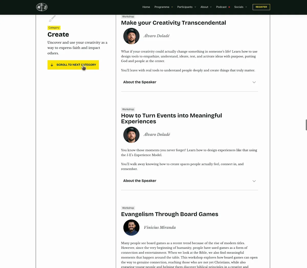 A workshop category section with a 'Scroll to Next Category' button in the sidebar